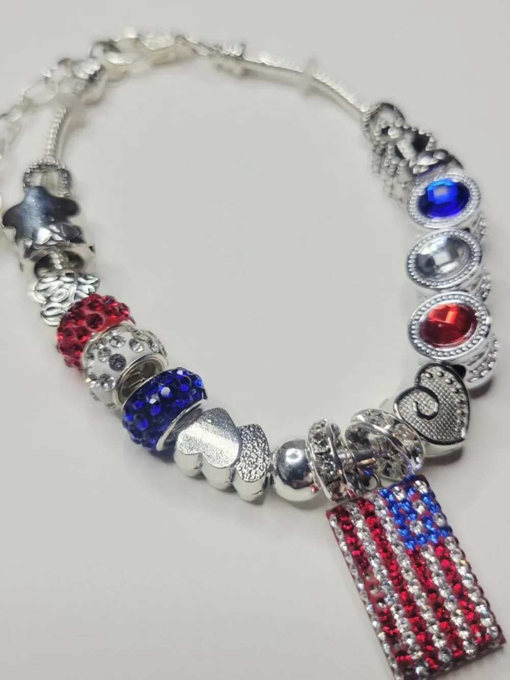 NWT Patriotic Pandora Style Charm Bracelet American Flag Red White Blue America